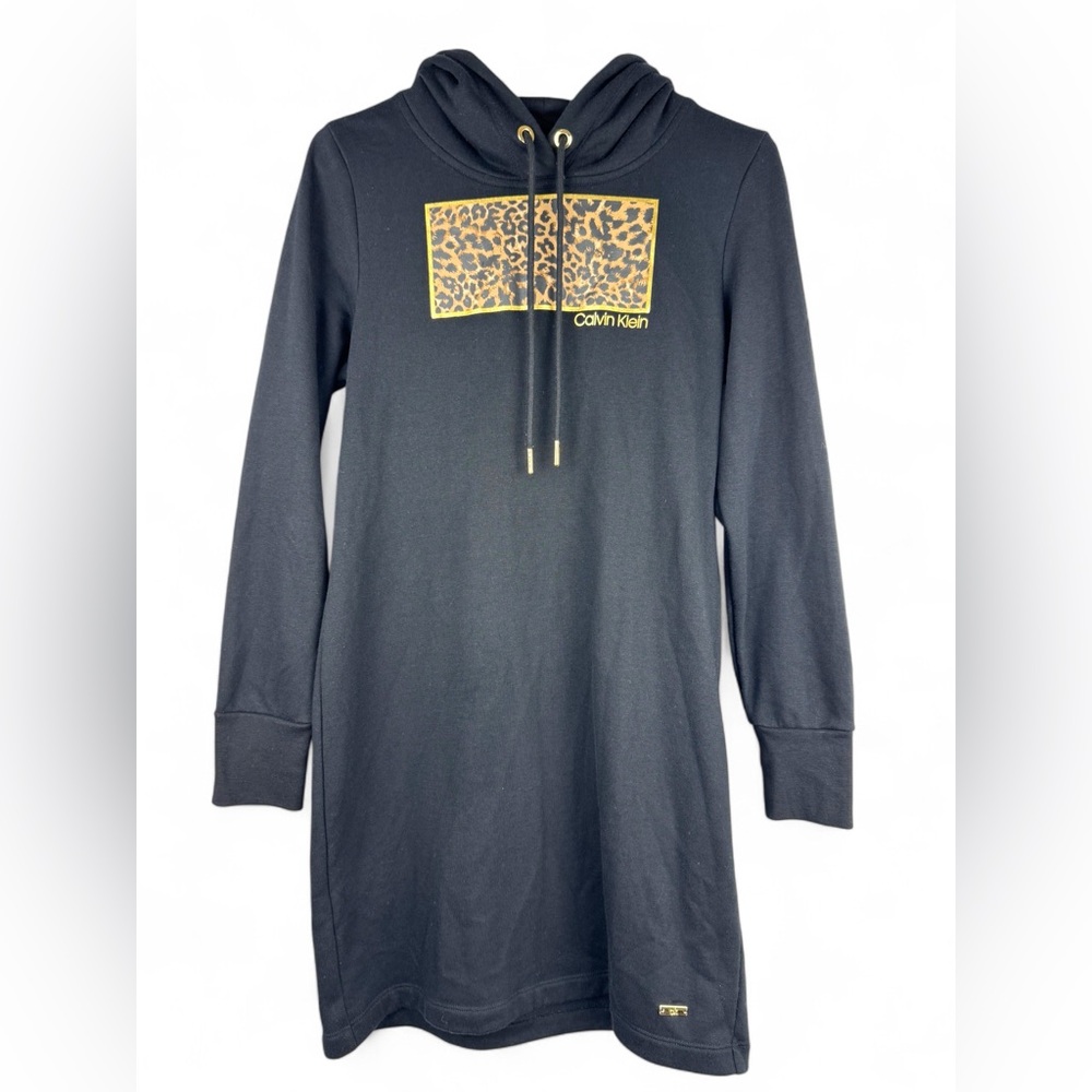 Calvin Klein Hoodie Sweatshirt Dress Black Leopard Print Size M Athleisure